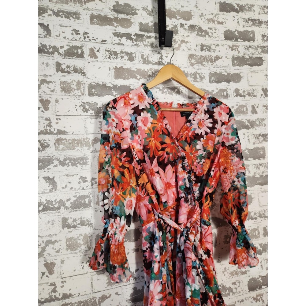 Tahari Arthur S. Levine Faux Wrap Dress Size 8 Red Pink Floral Belted 3/4 Sleeve - Picture 2 of 16
